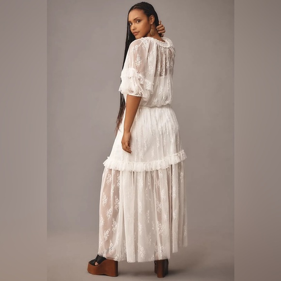 NEW Lace Dress Anthropologie Sheer White Let Me Be Short Sleeve Ruffle Maxi - Picture 7 of 11